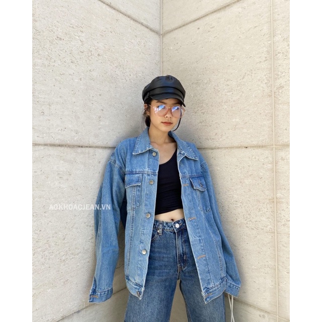 Áo Khoác Jean denim form rộng unisex Xanh Vintage dành cho nam nữ , áo có 6 túi và túi trong