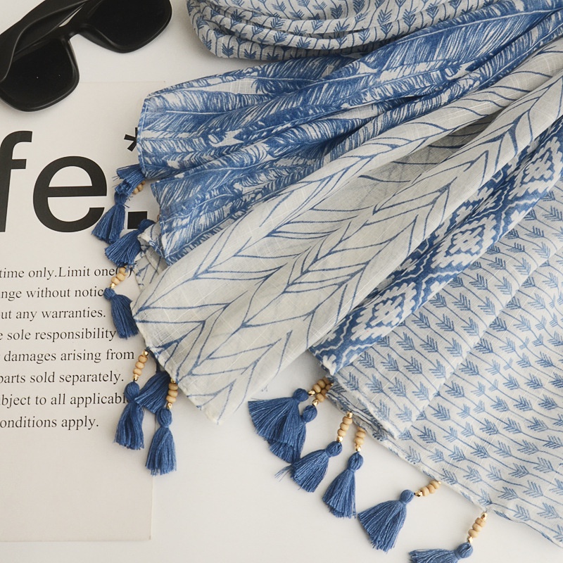 Khăn Choàng Cotton Lanh Phối Tua Rua Phong Cách Bohemian Thời Trang
