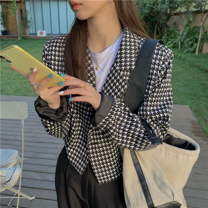 IMAODOU Women's suit jacket Korean version of the houndstooth design niche small fragrance style is thin temperament autumn small suit short style