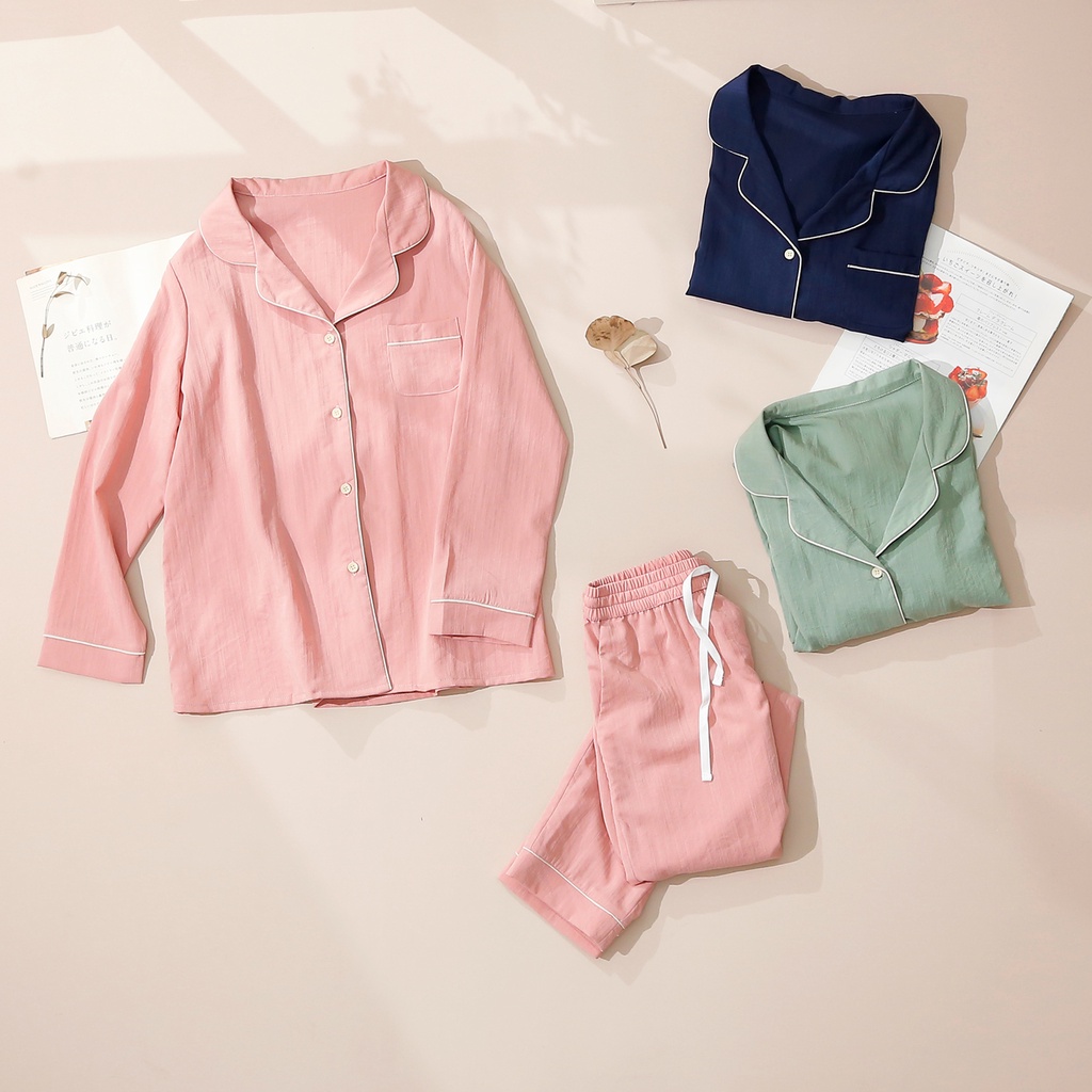 Bộ đồ pijama mặc nhà MOMOJAMA áo dài quần dài chất liệu đũi xước M2738