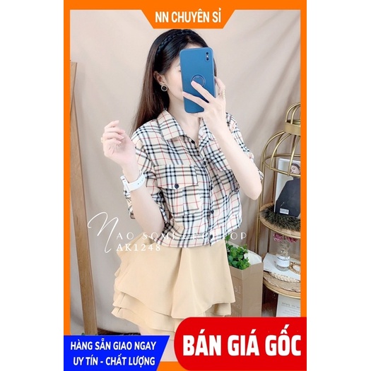 Áo sơ mi nữ phom croptop phối sọc BBR chất vải mềm mịn dễ thương  Áo kiểu nữ AK1248