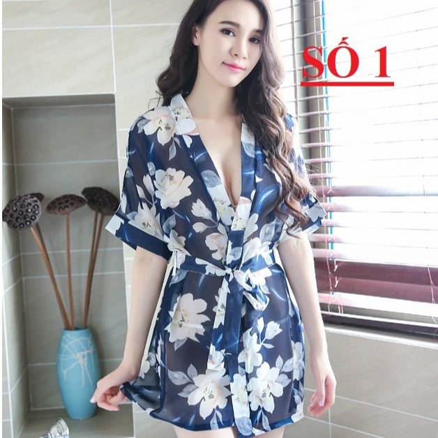 Áo choàng ngủ kimono chiffon hoa freesize 40-60kg kèm quần lót nữ VN100012 | BigBuy360 - bigbuy360.vn