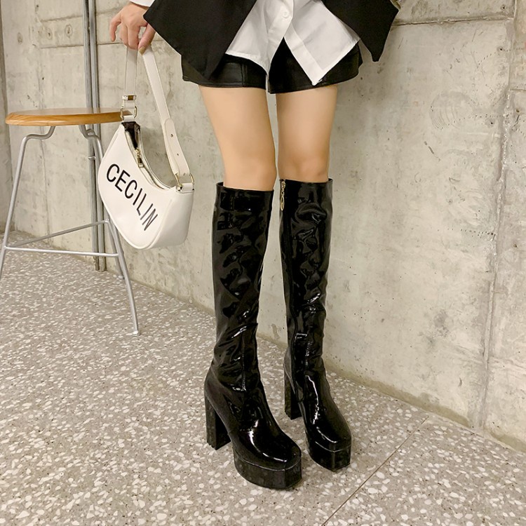 Giày Bốt Cao Gót Đế Dày 11.5cm Mũi Vuông Bằng Thép Bóng Chống Thấm Nước Thời Trang Thu Đông Cho Nữ Size 34-43