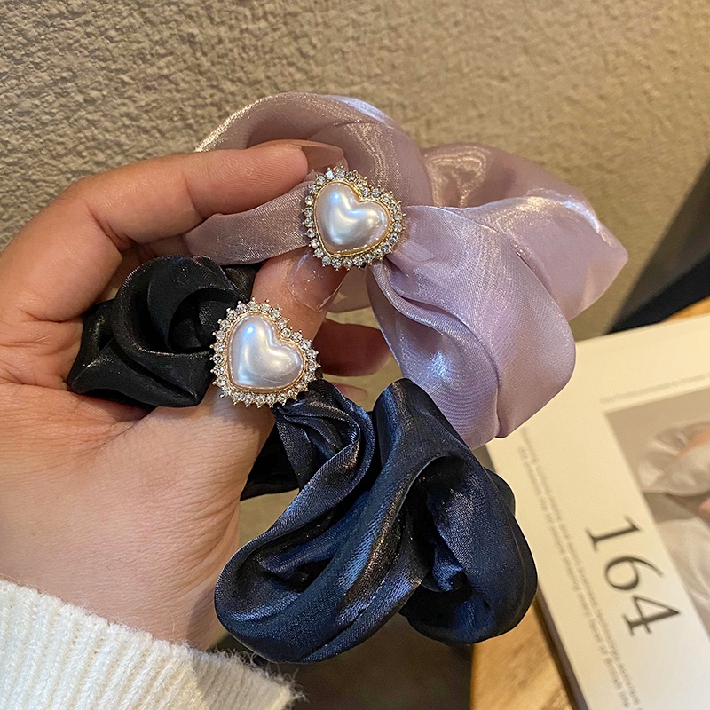 Dây Buộc Tóc Bằng Lụa Đính Ngọc Trai Hình Trái Tim Phong Cách Nhật Hàn Thời Trang Xinh Xắn