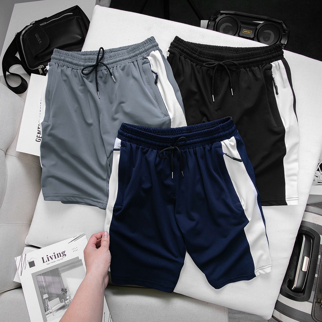 Quần đùi thể thao nam sọc trắng Litaia Quần short lửng mặc nhà QST