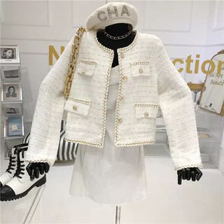 Áo khoác dạ tweed mỏng sang trọng cổ tròn