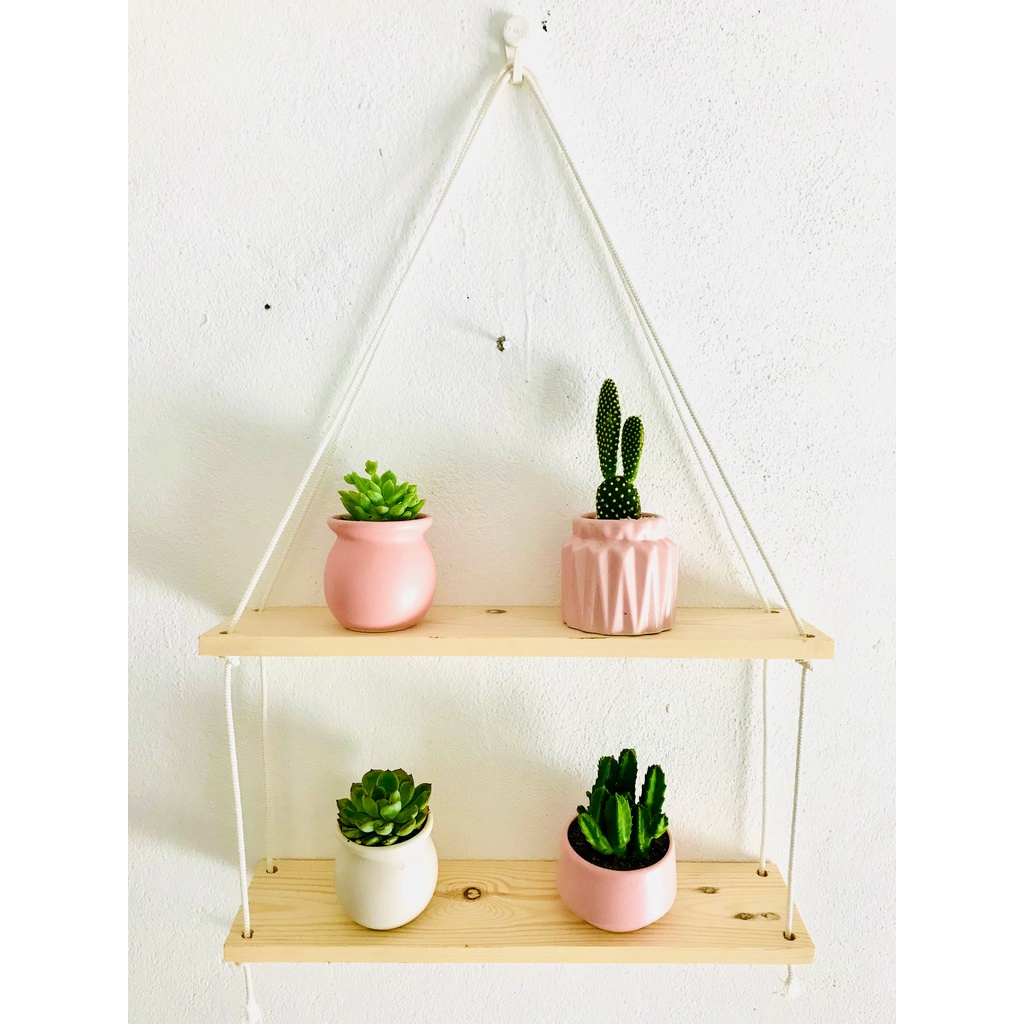 Kệ gỗ treo tường trang trí phòng decor bằng gỗ thông được phủ PU chống nước, kệ trang trí dây thừng tặng kèm đinh 3 chân