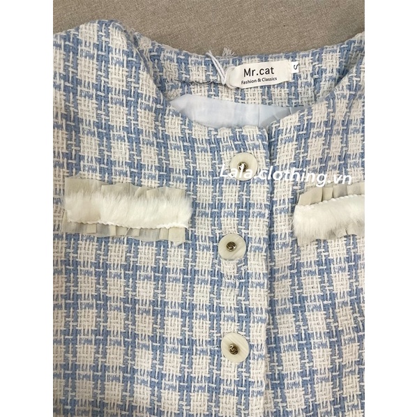 (SẴN) Set dạ xanh da trời kẻ tiểu thư