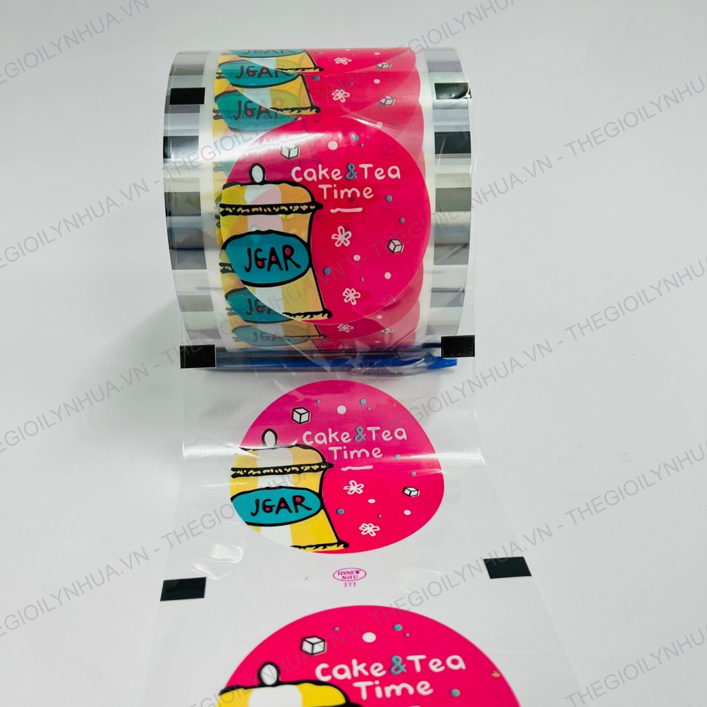 Màng dập ly nhựa, cuộn keo ép ly nhựa, màng ép ly trà sữa in sẵn từ 300ml đến 700ml hiệu HS NEW đủ 2400 ly/cuộn Tea Cake