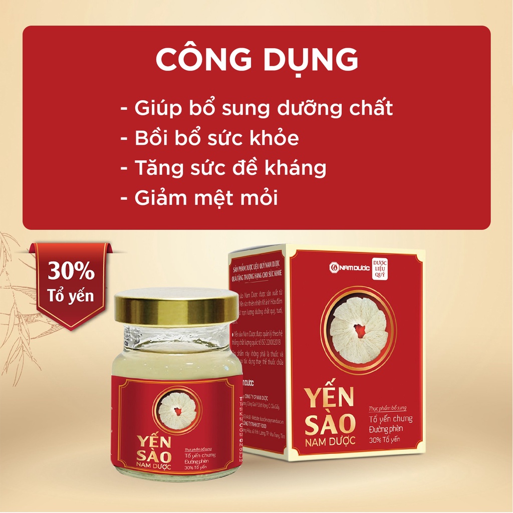 Yến sào Nam Dược tổ yến chưng đường phèn 1 lọ 70ml bồi bổ sức khỏe, tăng sức đề kháng, giảm mệt mỏi