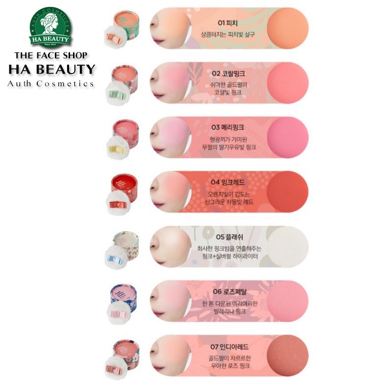 Phấn má hồng dạng bột The Face Shop siêu mịn kiềm dầu lâu trôi Hàn Quốc Pastel Cushion Blusher 6g