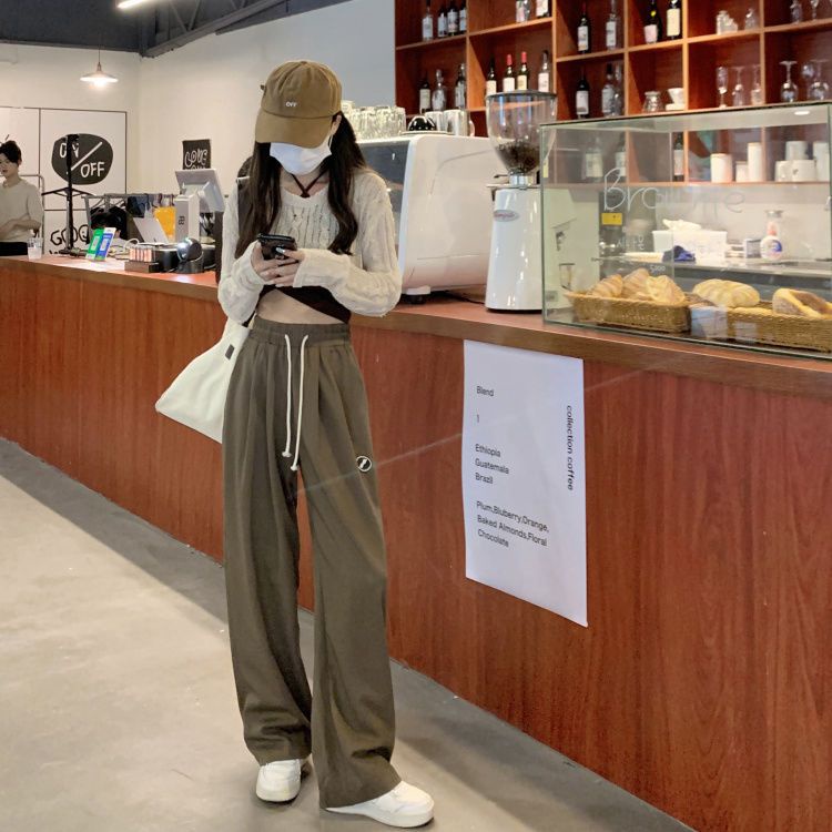 Quần Dài Thể Thao Lưng Cao Ống Rộng Phối Dây Rút Thời Trang Mùa Đông Cho Nữ