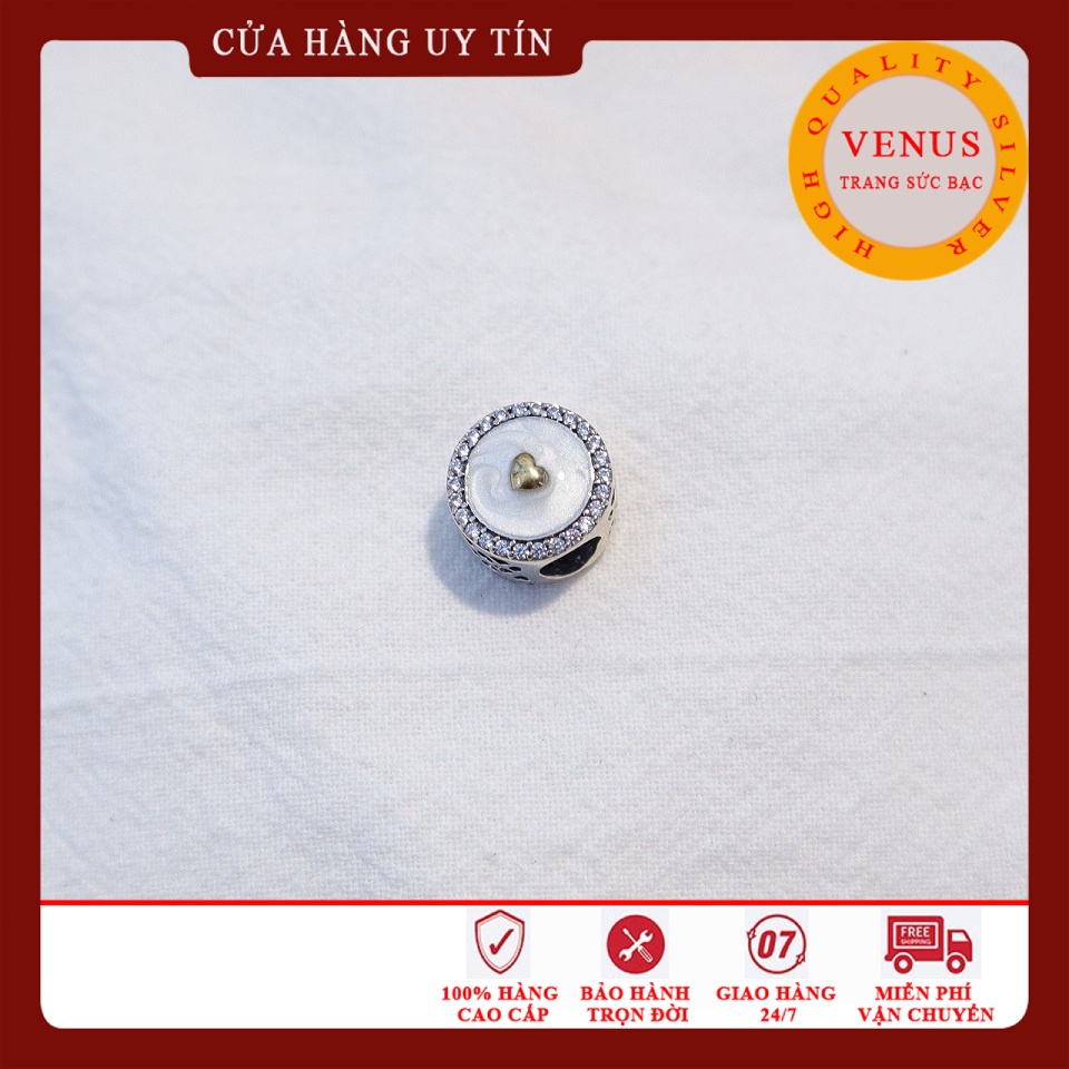 [Charm bạc 925 cao cấp] Charm hình trụ trắng mặt tim nhỏ vàng- Mã sản phẩm VENUSTTV