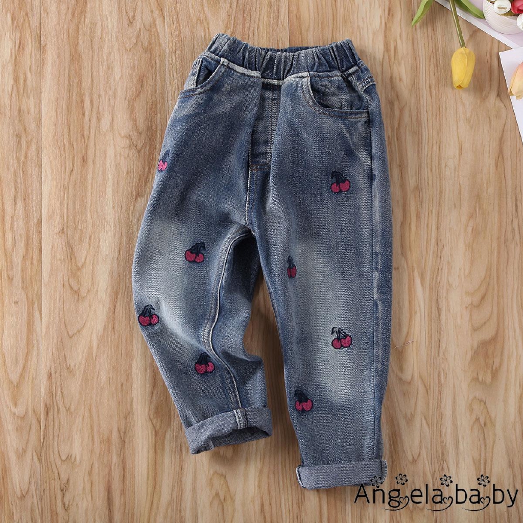 Quần jeans dài thêu hình cherry cho bé