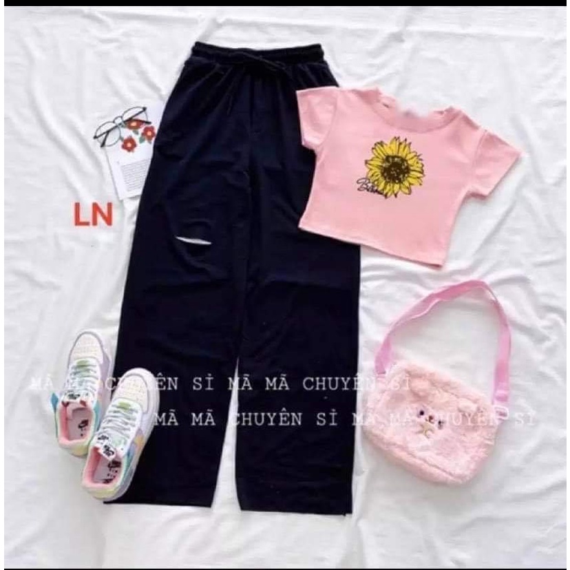 Siêu hót: Sét áo croptop hoa vàng + quần ông rộng