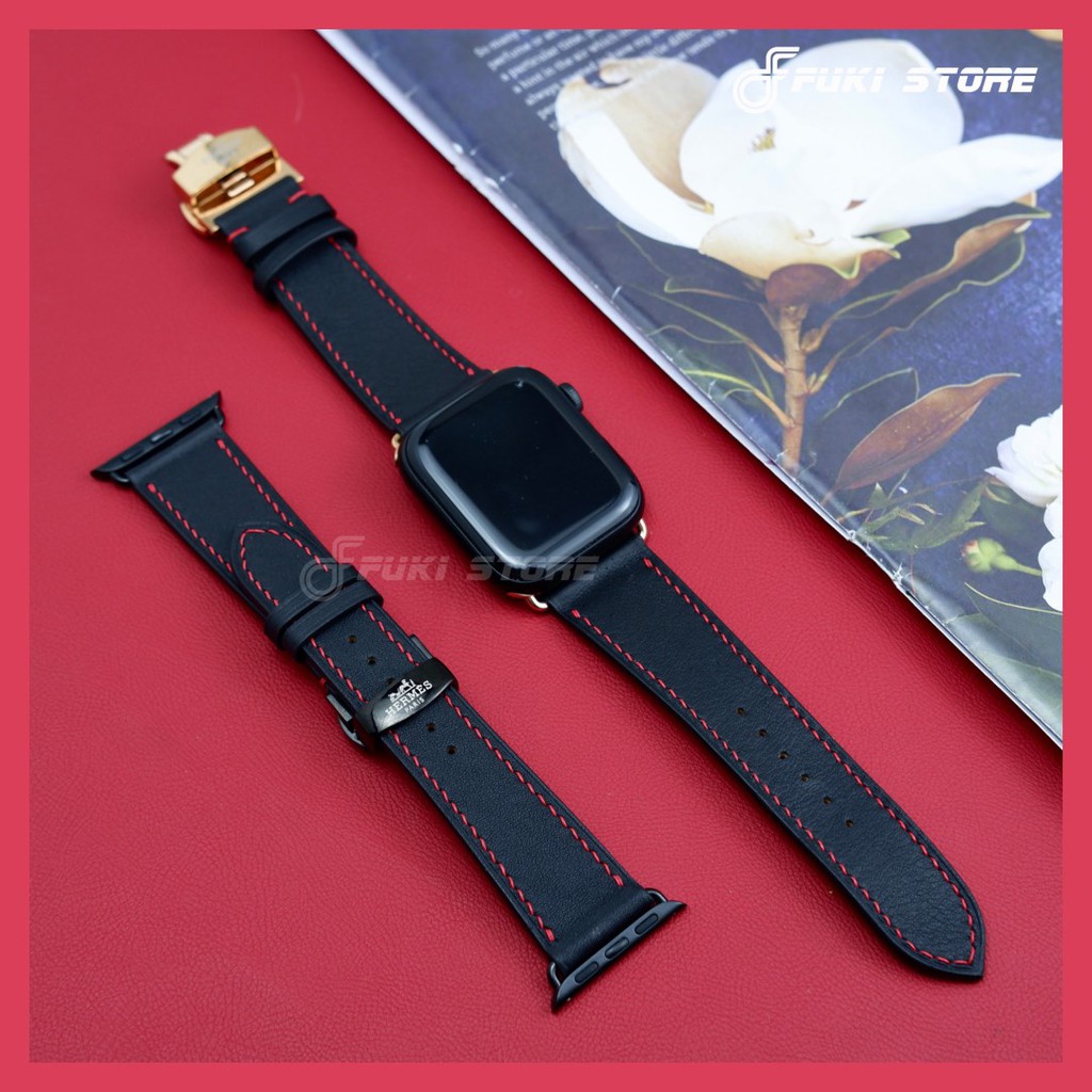 [DÂY DA THẬT] DÂY DA BÊ SWIFT MAY TAY THỦ CÔNG MÀU ĐỎ CHỈ ĐEN CHO APPLE WATCH SERIES 1=&gt;6 (BẢO HÀNH 1 NĂM)