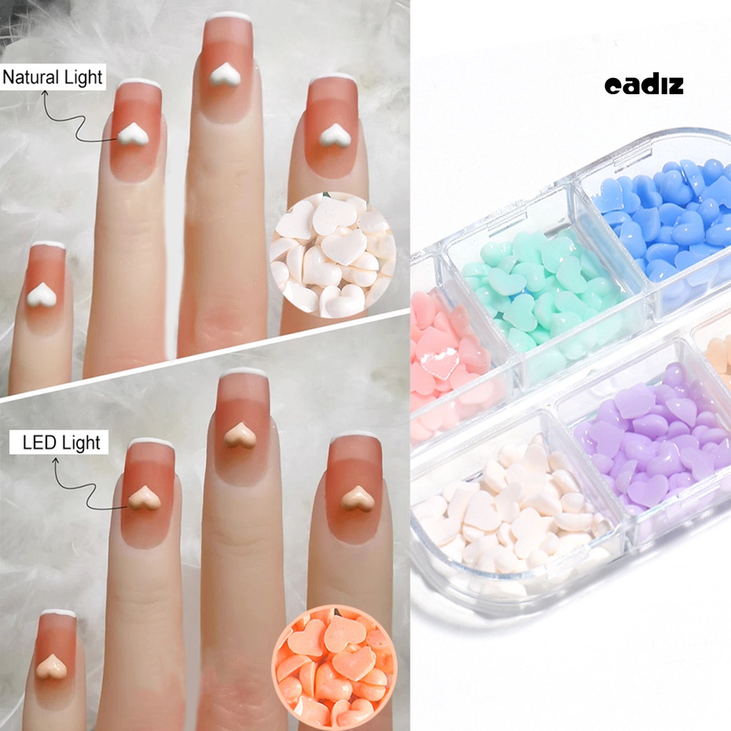 [Hàng mới về] Hộp 6 ngăn phụ kiện trang trí móng tay nghệ thuật hình trái tim hiệu ứng đổi màu hồng trắng 3D lưng phẳng
