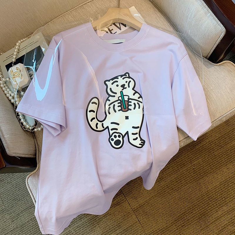 Áo Thun Tay Ngắn Dáng Rộng In Hình Hổ Dễ Thương Thời Trang Xuân Hè Cho Nữ