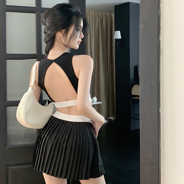 Set Áo Hai Dây + Chân Váy Xếp Ly Lưng Cao Co Giãn Màu Đen Phong Cách Mỹ Thời Trang Mùa Hè Cho Nữ