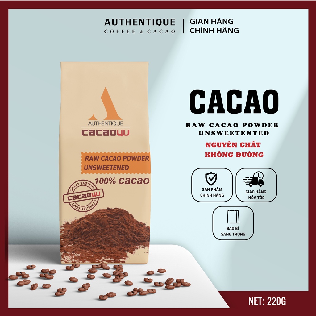 Bột Cacao 100% Nguyên chất Không Đường Túi Kraft 220gr - Hỗ trợ giảm cân |Authentique Cacao