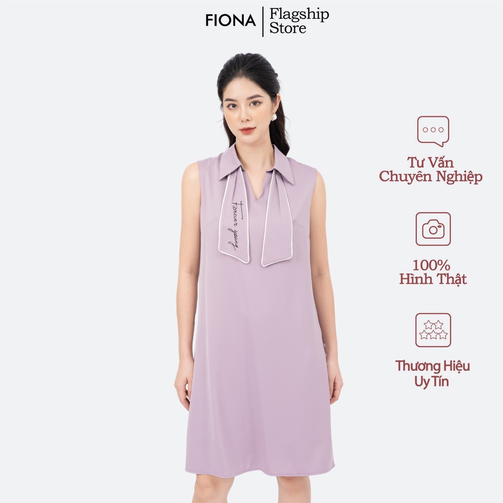 Đầm nữ dáng suông Fiona, Đầm sát nách cổ xẻ V lá cổ bong thêu đính dời FIONA F451069