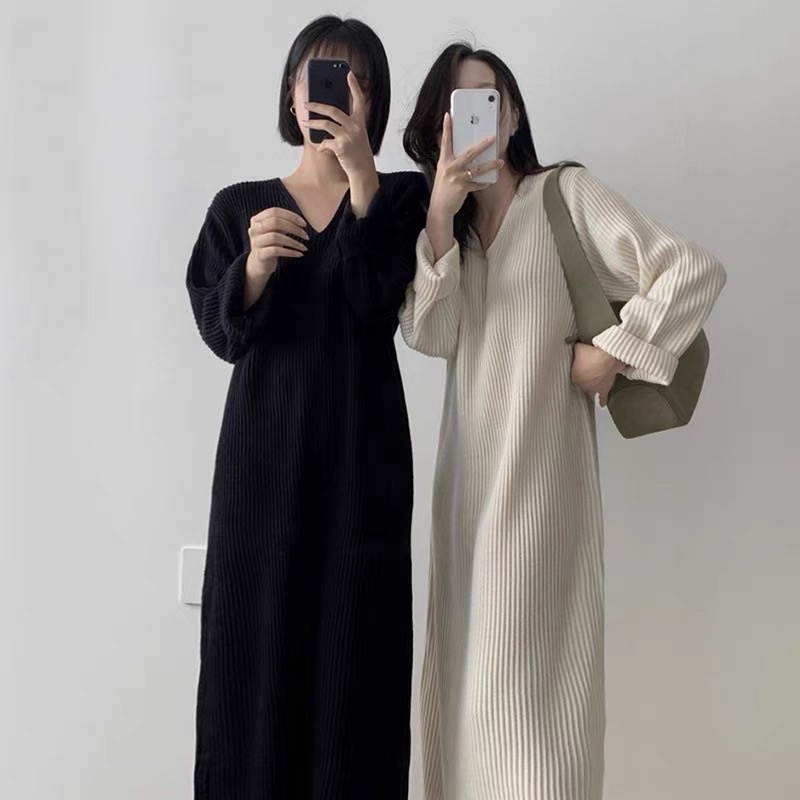 Áo pull rộng dài, vải dệt kim thoáng mát phong cách Hàn Quốc