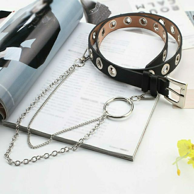 Belt chain thắt lưng da đục lỗ khoen 2 xích unisex