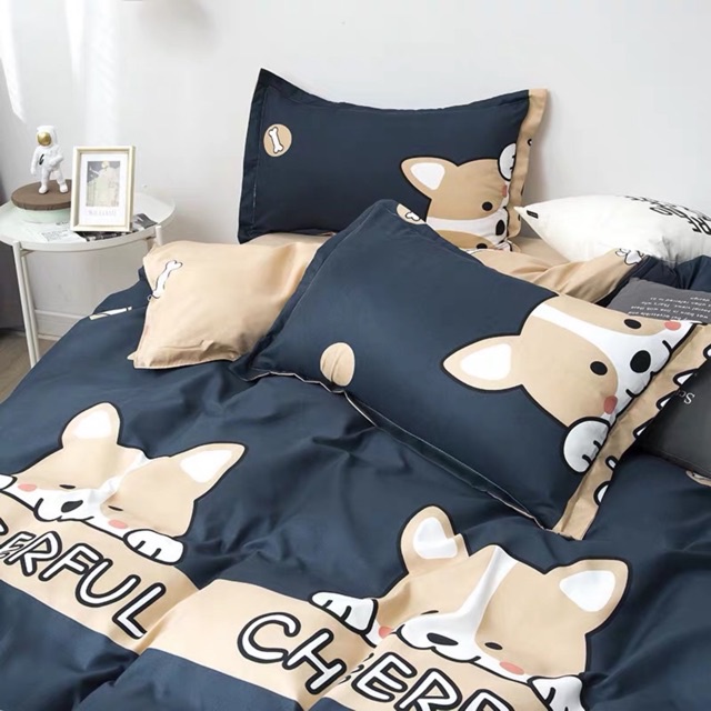 Chăn ga gối Emmibedding chất liệu cotton poly họa tiết chó cheful đáng yêu đủ size miễn phí bo chun