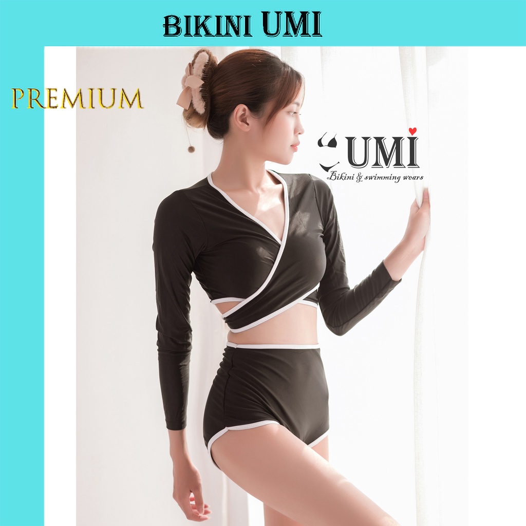 BIKINI Tay Dài Chéo Ngực Phối Quần Lưng Cao Viền Trắng - BIKINISTORE