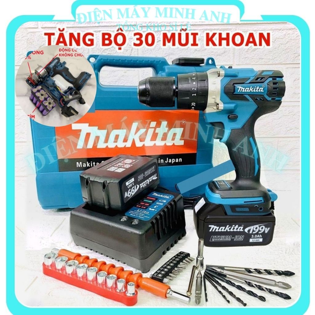 Máy khoan pin cầm tay mini Makita 199V chính hãng không chổi than cầm tay bắn bắt vặn vít khoan bê tông giá rẻ