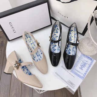 H giày cao gót 5p lót hoa xanh da bóng khoá ong mềm êm gót vuông fullbox bill túi cao cấp