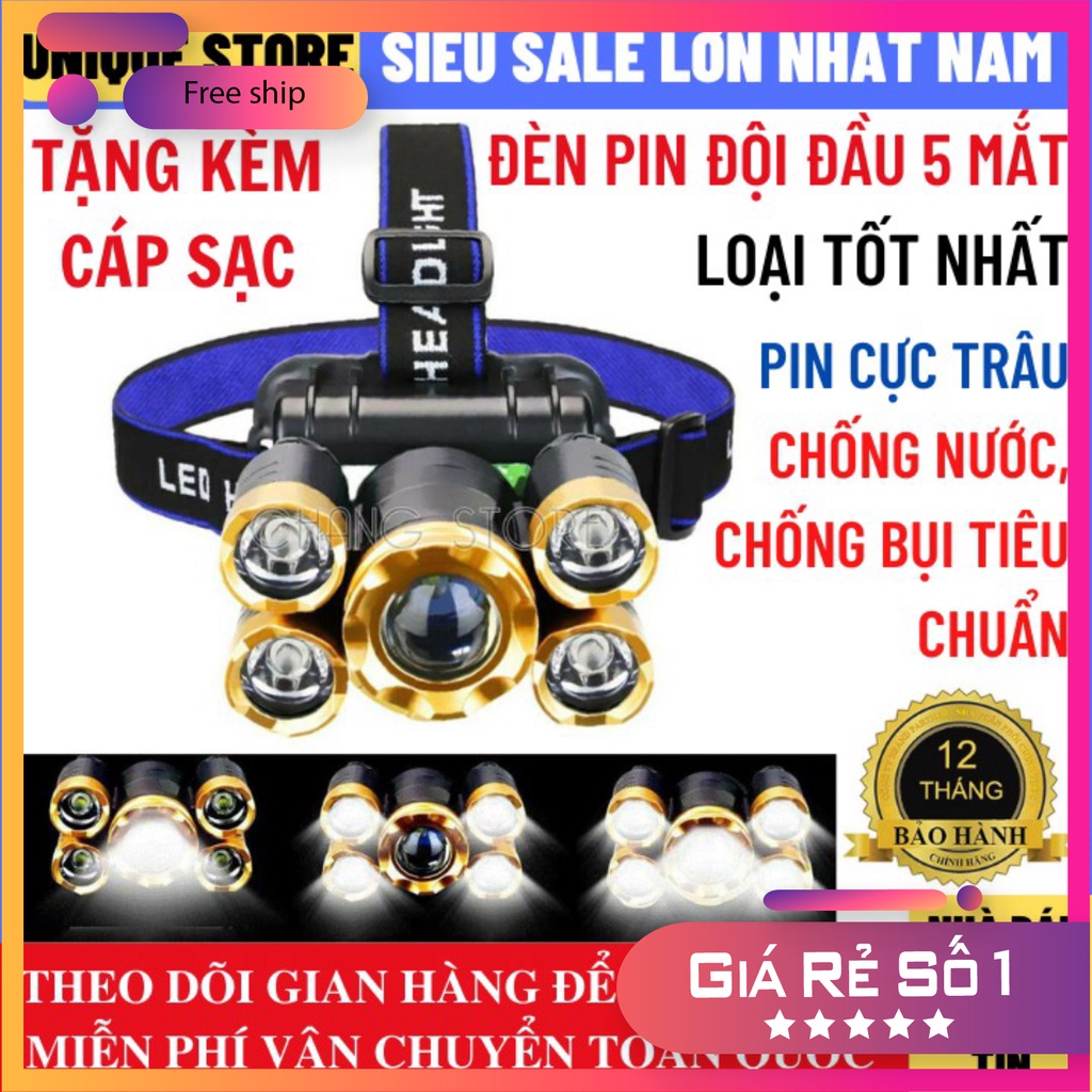 Bản Mới, Bóng To Sáng Hơn  Đèn Pin Đội Đầu 5 Mắt Siêu Sáng, Đèn Pin Siêu