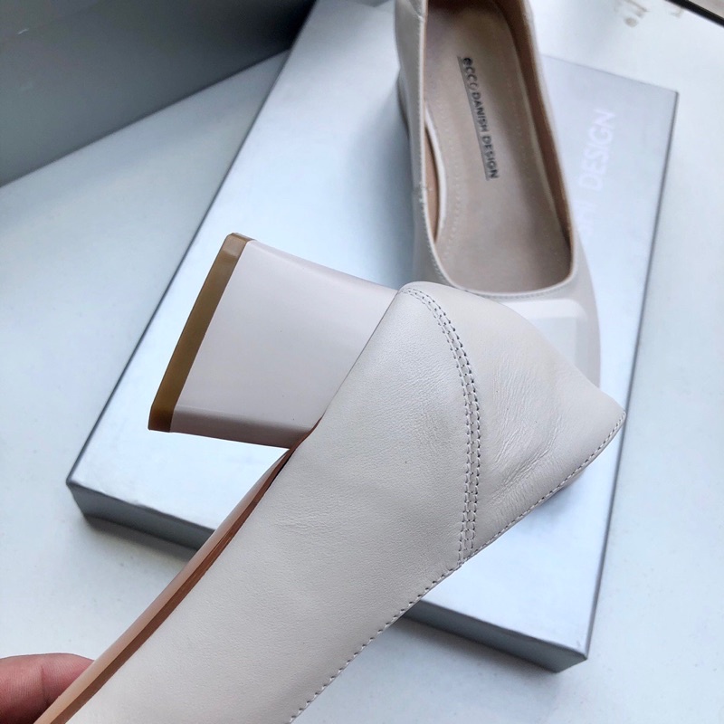 Giày búp bê mũi vuông gót cao 3cm thương hiệu Ecco da thật cao cấp màu đơn giản dễ phối đồ