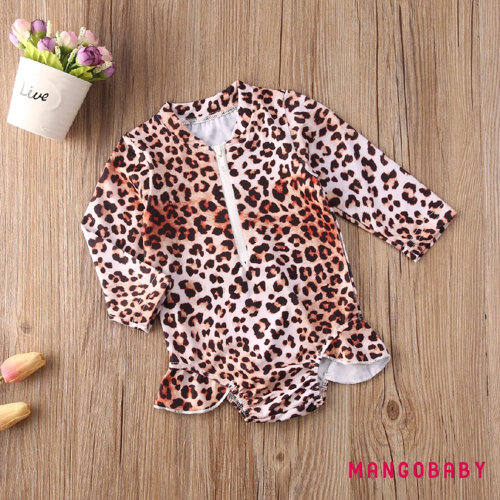 ♬MG♪-1-6Years Baby Girls Swimwear Cute Floral Print Round Neck Long Sleeve One-Piece Swimsuits