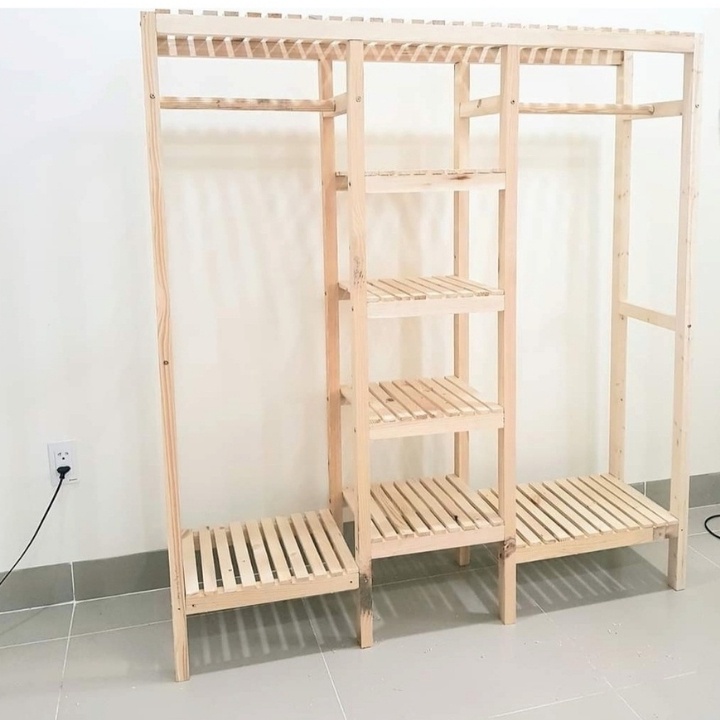 Tủ treo quần áo gỗ thông 3 gian phong cách Hàn Quốc l Giá treo quần áo gỗ thông 150cm x 35cm x 135cm thiết kế 3 gian