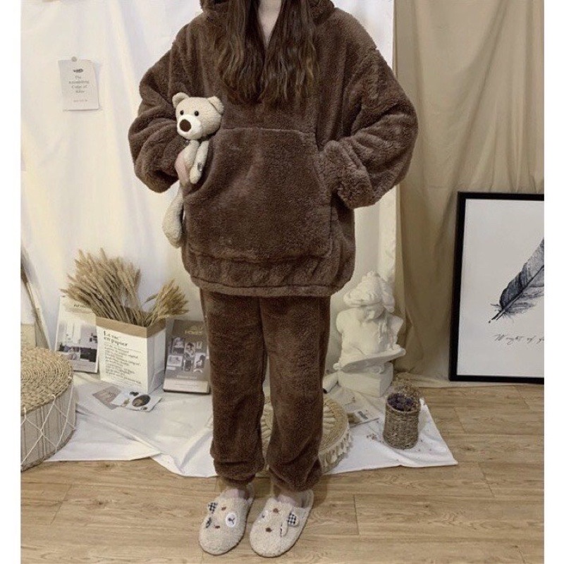 Bộ lông nam nữ Tai GấuĐồ ngủ mùa Đông mặc nhà hoodie Ullzang phong cách Hàn Quốc☘️Lông cừu giữ nhiệt,dày dặn Free ship
