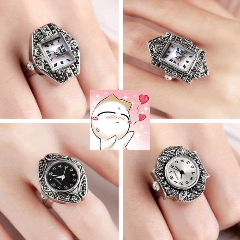 Nhẫn đeo tay chạm trổ hình hoa tích hợp đồng hồ xem giờ  UNISEX thời trang Thái Lan độc đáo