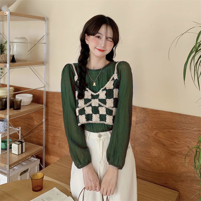 Áo Hai Dây Phối Ren Hoa Phong Cách Retro Hàn Quốc