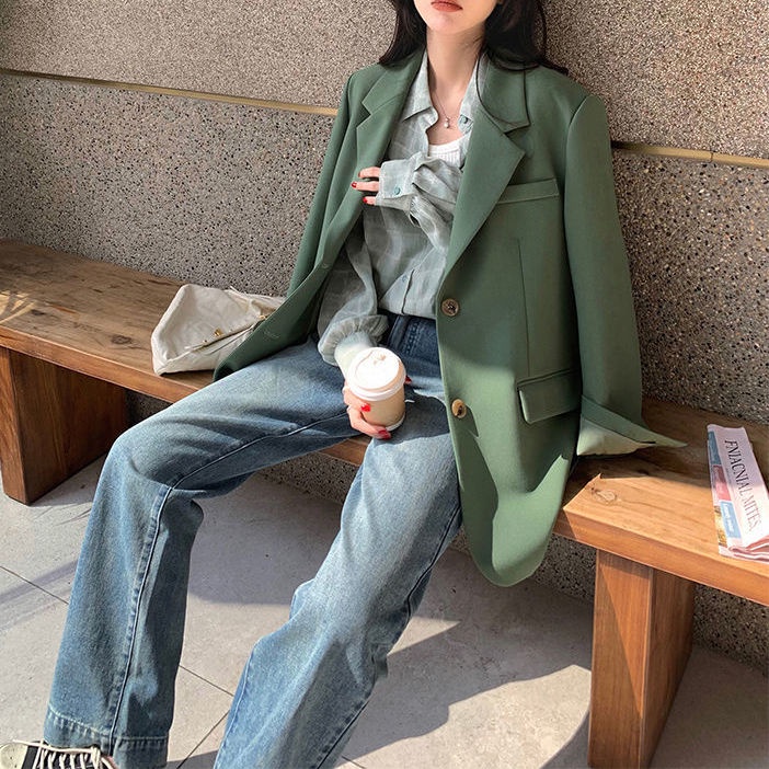 Áo Khoác Blazer Hai Nút Cài Màu Xanh Bơ Dáng Rộng Cỡ Lớn Thời Trang Xuân Thu Cho Nữ