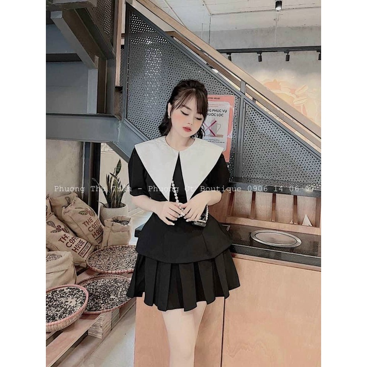 Sét áo cổ nhọn kèm chân váy xếp ly bigsize Kim Ngân 50 kg đến 90 kg( M/L/XL/XXL)