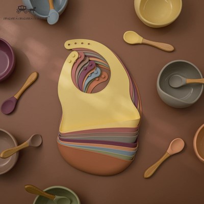 Bộ Yếm + Bát + Muỗng Ăn MAMIMAMIHOME Chất Liệu Silicone Cho Bé Tập Ăn Chống Thấm Ba Chiều