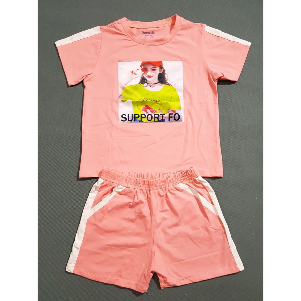 Bộ thun cotton quần short in bé gái cho bé gái tuổi teen