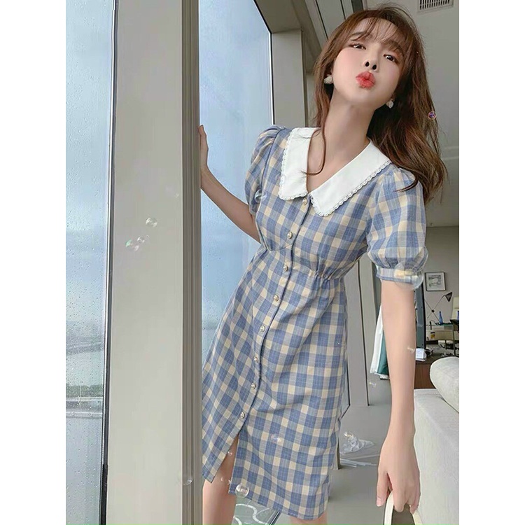Váy đầm nữ dáng xuông caro phối nút xẻ tà dễ thương, đầm caro xanh tay búp cổ trắng bèo nhún eo đi chơi dễ thương