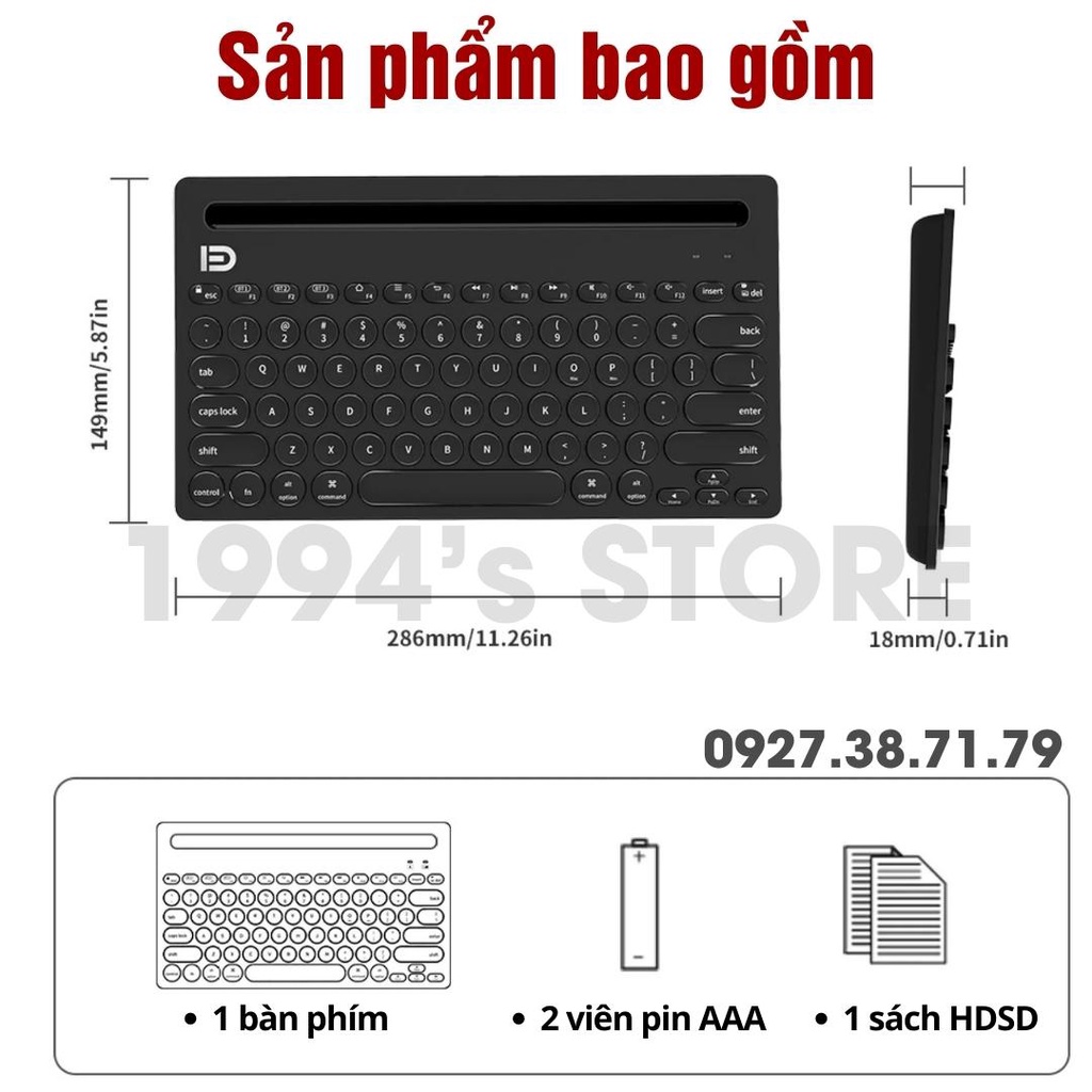 Bàn Phím Bluetooth Không Dây Forter IK3381 - Có khe để Điện thoại, Máy tính bảng, Ipad - Kết nối cùng lúc 3 thiết bị