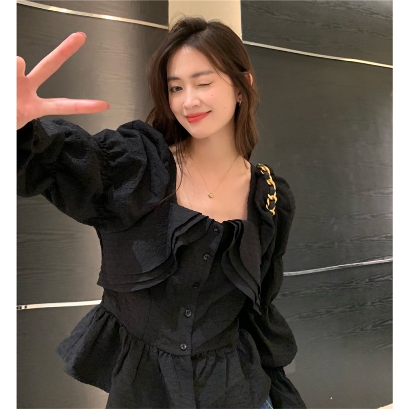 Áo Ngắn Cổ Vuông Phối Bèo Thời Trang Mùa Hè Quyến Rũ Cho Nữ