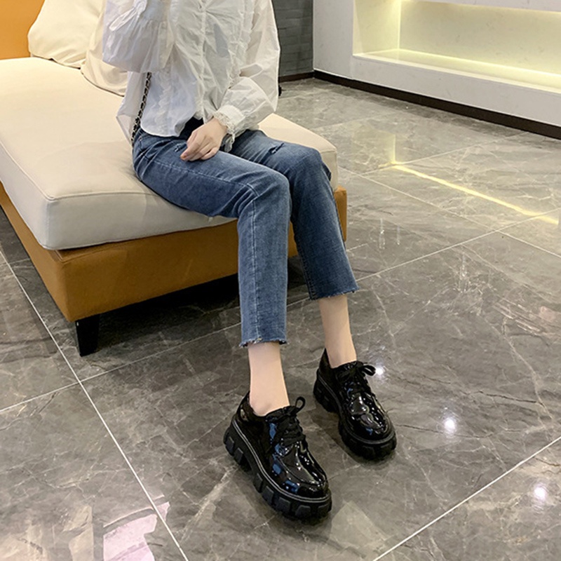 Giày Da Mũi Tròn Đế Dày Buộc Dây Màu Trơn Thời Trang Cho Nữ