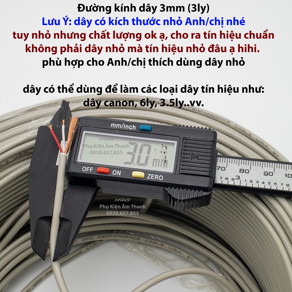 Dây tín hiệu âm thanh 3 lõi USA đồng nguyên chất chống nhiễu, dây 3mm, giá 1 met.