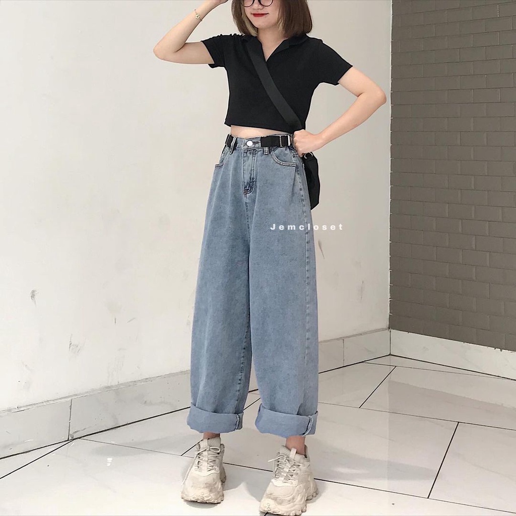 Quần Jeans Nữ Ống Rộng Kèm Thắt Lưng Eo Quần Bò Form Unisex Màu Xanh Thoải Mái Dễ Phối Đồ  - 2264 JEM CLOSET