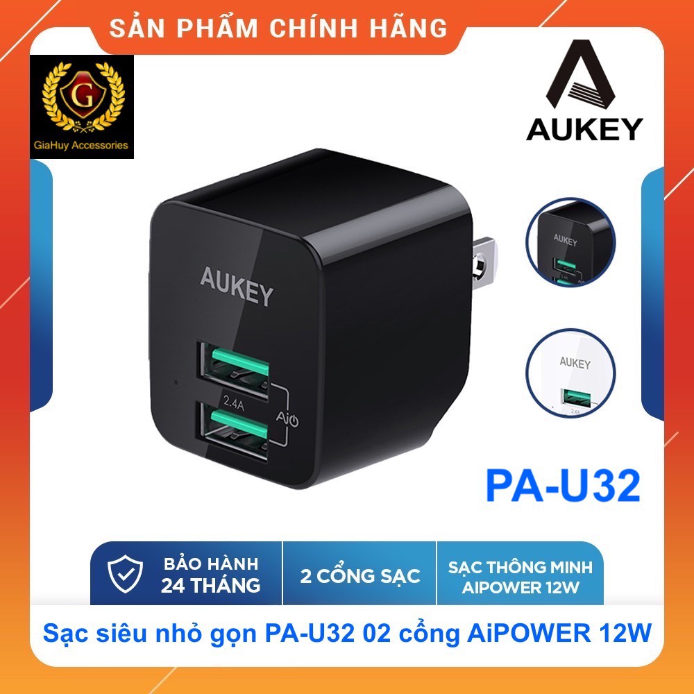 Củ sạc iP, iP.a.d, i.Po.d, Air-Pod.s, sạc dự phòng, điện thoại Android AUKEY Minima Dou PA-U32 12W 02 cổng USB-A AiQ