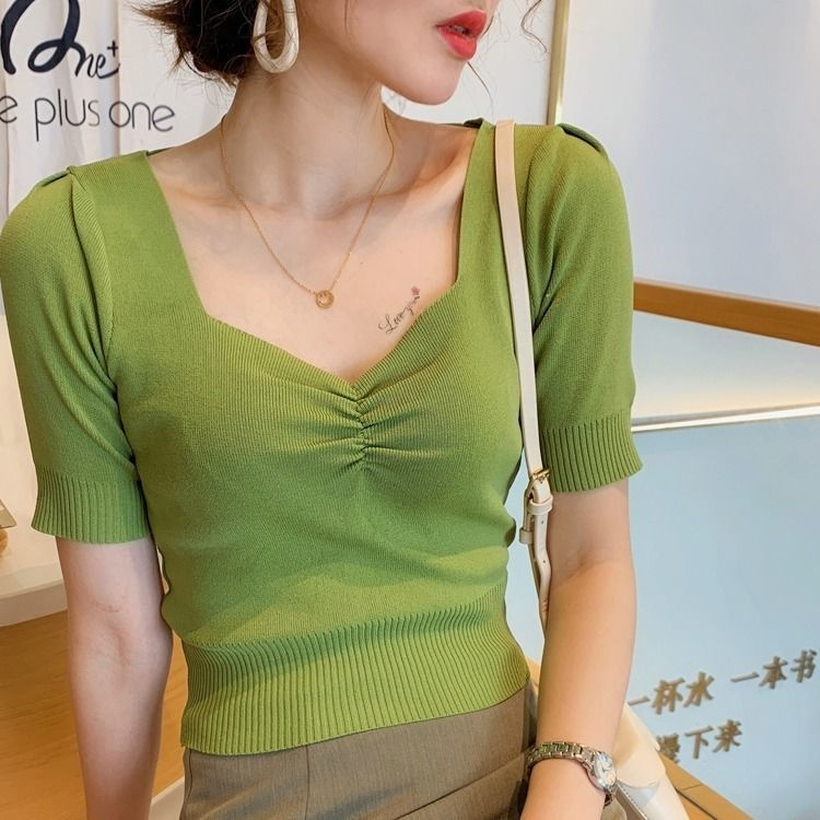 Áo len chỉ tay ngắn cổ chữ v thiết kế mới quyến rũ thời trang theo phong cách Hàn Quốc cho nữ